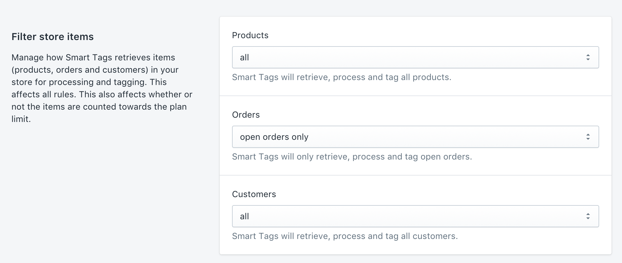 Filter which items to retrieve, process and tag